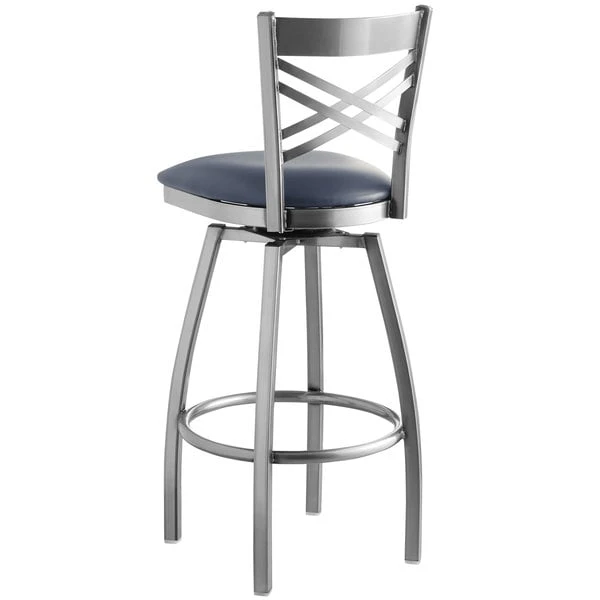 Lancaster Table & Seating Clear Coat Finish Cross Back Swivel Bar Stool With 2 1/2" Navy Vinyl Padded Seat 3 Lancaster Table & Seating Clear Coat Finish Cross Back Swivel Bar Stool With 2 1/2" Navy Vinyl Padded Seat - Image 3