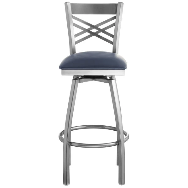 Lancaster Table & Seating Clear Coat Finish Cross Back Swivel Bar Stool With 2 1/2" Navy Vinyl Padded Seat 4 Lancaster Table & Seating Clear Coat Finish Cross Back Swivel Bar Stool With 2 1/2" Navy Vinyl Padded Seat - Image 4