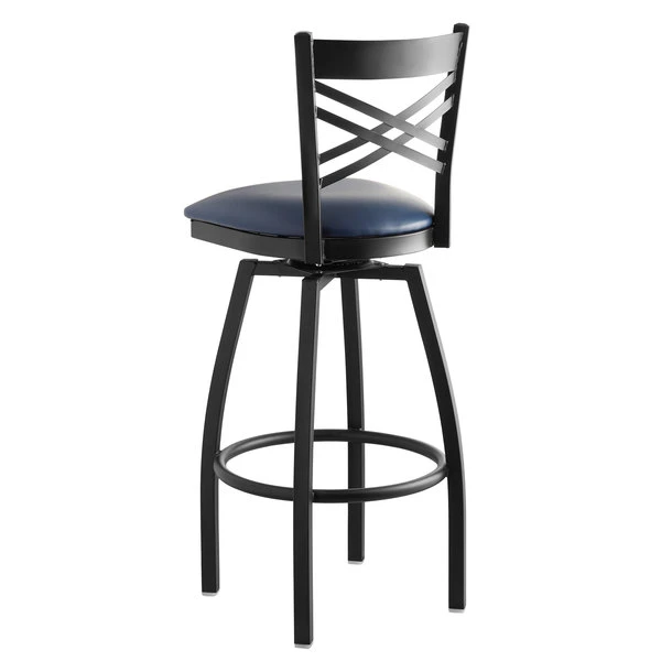 Lancaster Table & Seating Black Finish Cross Back Swivel Bar Stool With 2 1/2" Navy Vinyl Padded Seat 3 Lancaster Table & Seating Black Finish Cross Back Swivel Bar Stool With 2 1/2" Navy Vinyl Padded Seat - Image 3