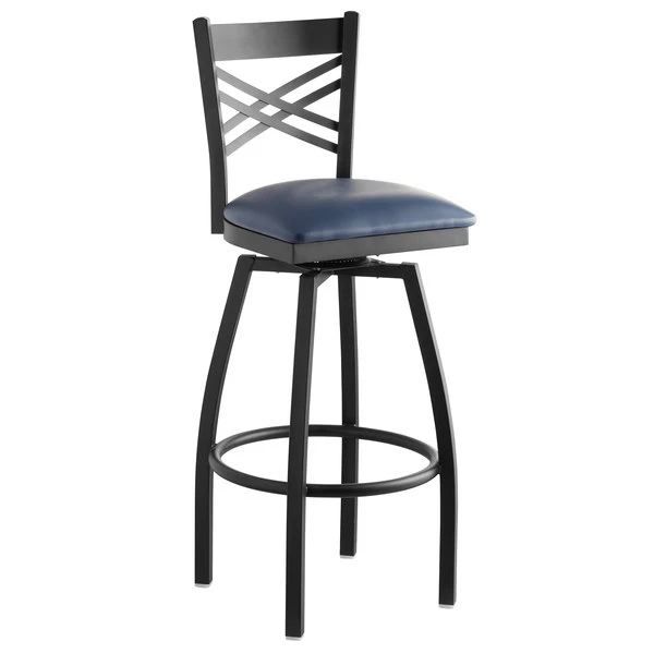 Lancaster Table & Seating Black Finish Cross Back Swivel Bar Stool With 2 1/2" Navy Vinyl Padded Seat 2 Lancaster Table & Seating Black Finish Cross Back Swivel Bar Stool With 2 1/2" Navy Vinyl Padded Seat - Image 2