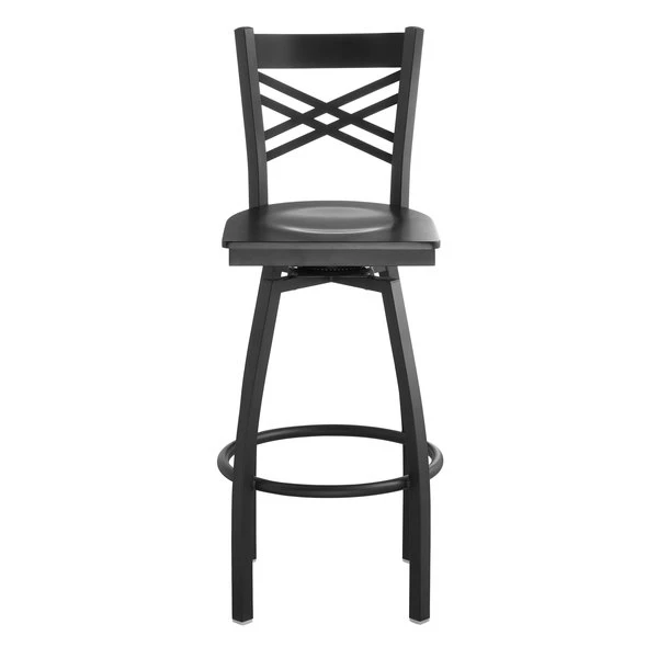 Lancaster Table & Seating Black Finish Cross Back Swivel Bar Stool With Black Wood Seat 4 Lancaster Table & Seating Black Finish Cross Back Swivel Bar Stool With Black Wood Seat - Image 4