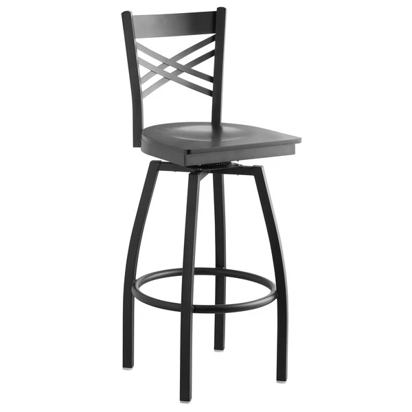 Lancaster Table & Seating Black Finish Cross Back Swivel Bar Stool With Black Wood Seat 2 Lancaster Table & Seating Black Finish Cross Back Swivel Bar Stool With Black Wood Seat - Image 2