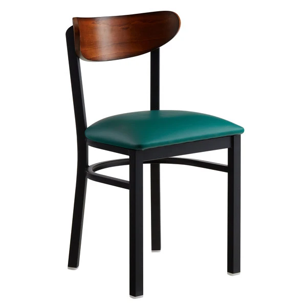 LT&S Boomerang Series Lancaster Table & Seating Boomerang Black Finish Chair With 2 1/2" Green Vinyl Padded Seat And Antique Walnut Wood Back 2 LT&S Boomerang Series Lancaster Table & Seating Boomerang Black Finish Chair With 2 1/2" Green Vinyl Padded Seat And Antique Walnut Wood Back - Image 2