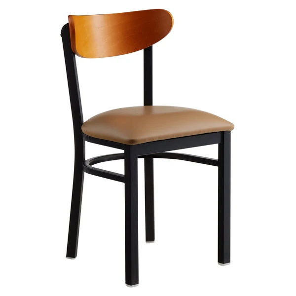 LT&S Boomerang Series Lancaster Table & Seating Boomerang Black Finish Chair With 2 1/2" Light Brown Vinyl Padded Seat And Cherry Wood Back 2 LT&S Boomerang Series Lancaster Table & Seating Boomerang Black Finish Chair With 2 1/2" Light Brown Vinyl Padded Seat And Cherry Wood Back - Image 2