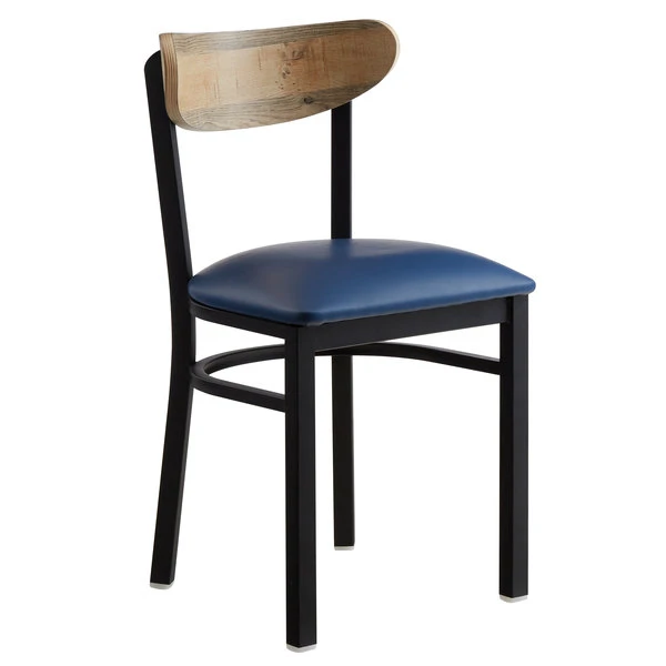 LT&S Boomerang Series Lancaster Table & Seating Boomerang Black Finish Chair With 2 1/2" Navy Vinyl Padded Seat And Driftwood Back 2 LT&S Boomerang Series Lancaster Table & Seating Boomerang Black Finish Chair With 2 1/2" Navy Vinyl Padded Seat And Driftwood Back - Image 2