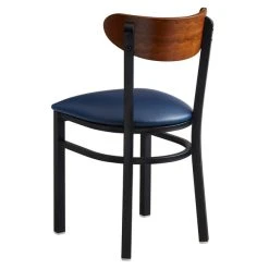 LT&S Boomerang Series Lancaster Table & Seating Boomerang Black Finish Chair With 2 1/2" Navy Vinyl Padded Seat And Antique Walnut Wood Back 5 LT&S Boomerang Series Lancaster Table & Seating Boomerang Black Finish Chair With 2 1/2" Navy Vinyl Padded Seat And Antique Walnut Wood Back -Zown Shop 1870059