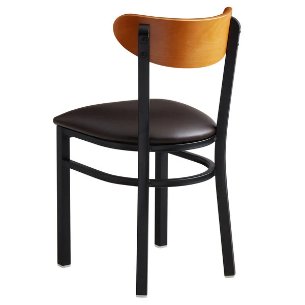 LT&S Boomerang Series Lancaster Table & Seating Boomerang Black Finish Chair With 2 1/2" Dark Brown Vinyl Padded Seat And Cherry Wood Back 3 LT&S Boomerang Series Lancaster Table & Seating Boomerang Black Finish Chair With 2 1/2" Dark Brown Vinyl Padded Seat And Cherry Wood Back - Image 3