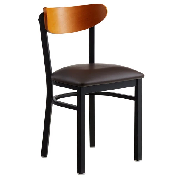 LT&S Boomerang Series Lancaster Table & Seating Boomerang Black Finish Chair With 2 1/2" Dark Brown Vinyl Padded Seat And Cherry Wood Back 2 LT&S Boomerang Series Lancaster Table & Seating Boomerang Black Finish Chair With 2 1/2" Dark Brown Vinyl Padded Seat And Cherry Wood Back - Image 2