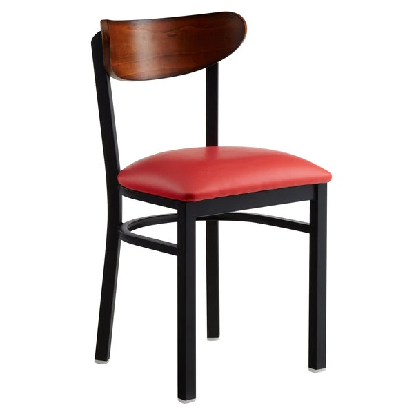 LT&S Boomerang Series Lancaster Table & Seating Boomerang Black Finish Chair With 2 1/2" Red Vinyl Padded Seat And Antique Walnut Wood Back 2 LT&S Boomerang Series Lancaster Table & Seating Boomerang Black Finish Chair With 2 1/2" Red Vinyl Padded Seat And Antique Walnut Wood Back - Image 2