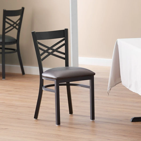 Lancaster Table & Seating Black Finish Cross Back Chair With 2 1/2" Dark Brown Vinyl Padded Seat 1 Lancaster Table & Seating Black Finish Cross Back Chair With 2 1/2" Dark Brown Vinyl Padded Seat