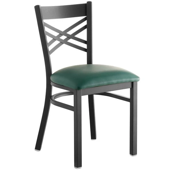 Lancaster Table & Seating Black Finish Cross Back Chair With 2 1/2" Green Vinyl Padded Seat 1 Lancaster Table & Seating Black Finish Cross Back Chair With 2 1/2" Green Vinyl Padded Seat