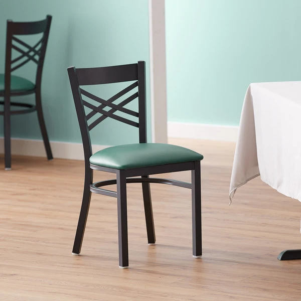 Lancaster Table & Seating Black Finish Cross Back Chair With 2 1/2" Green Vinyl Padded Seat 5 Lancaster Table & Seating Black Finish Cross Back Chair With 2 1/2" Green Vinyl Padded Seat - Image 5