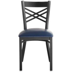 Lancaster Table & Seating Black Finish Cross Back Chair With 2 1/2" Navy Vinyl Padded Seat -Zown Shop 1873606