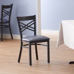 Lancaster Table & Seating Black Finish Cross Back Chair With 2 1/2" Navy Vinyl Padded Seat