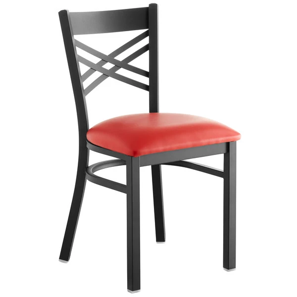 Lancaster Table & Seating Black Finish Cross Back Chair With 2 1/2" Red Vinyl Padded Seat 2 Lancaster Table & Seating Black Finish Cross Back Chair With 2 1/2" Red Vinyl Padded Seat - Image 2