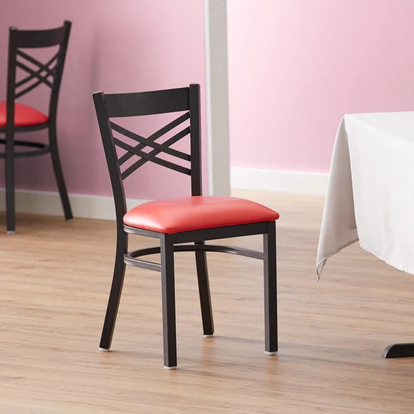 Lancaster Table & Seating Black Finish Cross Back Chair With 2 1/2" Red Vinyl Padded Seat 1 Lancaster Table & Seating Black Finish Cross Back Chair With 2 1/2" Red Vinyl Padded Seat