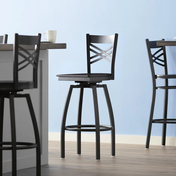 Lancaster Table & Seating Black Finish Cross Back Swivel Bar Stool With Black Wood Seat 1 Lancaster Table & Seating Black Finish Cross Back Swivel Bar Stool With Black Wood Seat