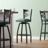 Lancaster Table & Seating Black Finish Cross Back Swivel Bar Stool With 2 1/2" Green Vinyl Padded Seat