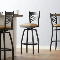 Lancaster Table & Seating Black Finish Cross Back Swivel Bar Stool With 2 1/2" Light Brown Vinyl Padded Seat