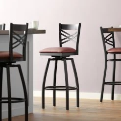 Lancaster Table & Seating Black Finish Cross Back Swivel Bar Stool With 2 1/2" Burgundy Vinyl Padded Seat