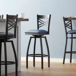 Lancaster Table & Seating Black Finish Cross Back Swivel Bar Stool With 2 1/2" Navy Vinyl Padded Seat