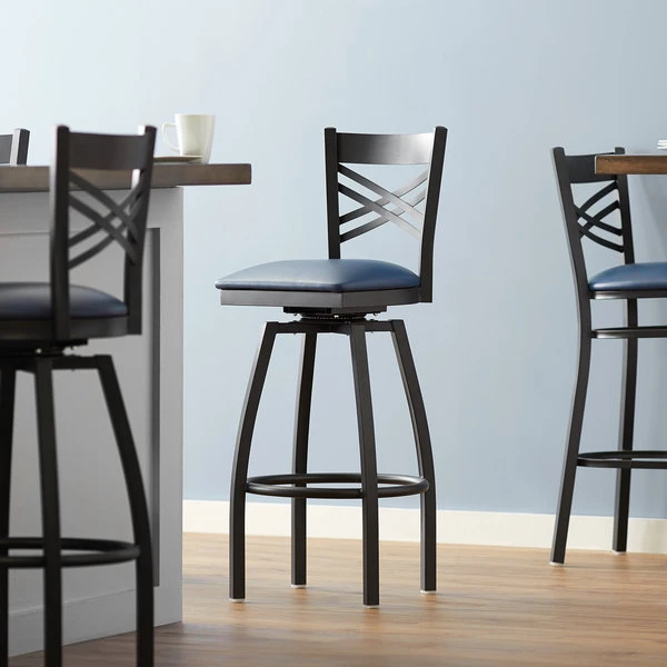 Lancaster Table & Seating Black Finish Cross Back Swivel Bar Stool With 2 1/2" Navy Vinyl Padded Seat 1 Lancaster Table & Seating Black Finish Cross Back Swivel Bar Stool With 2 1/2" Navy Vinyl Padded Seat