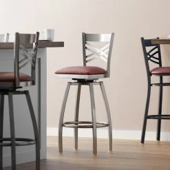 Lancaster Table & Seating Clear Coat Finish Cross Back Swivel Bar Stool With 2 1/2" Burgundy Vinyl Padded Seat