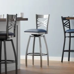 Lancaster Table & Seating Clear Coat Finish Cross Back Swivel Bar Stool With 2 1/2" Navy Vinyl Padded Seat