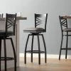 Lancaster Table & Seating Black Finish Cross Back Swivel Bar Stool With 2 1/2" Dark Brown Vinyl Padded Seat