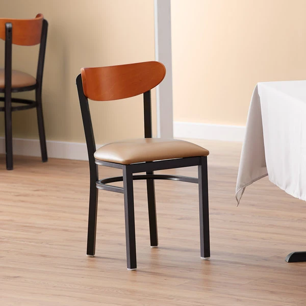 LT&S Boomerang Series Lancaster Table & Seating Boomerang Black Finish Chair With 2 1/2" Light Brown Vinyl Padded Seat And Cherry Wood Back 1 LT&S Boomerang Series Lancaster Table & Seating Boomerang Black Finish Chair With 2 1/2" Light Brown Vinyl Padded Seat And Cherry Wood Back