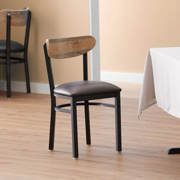 LT&S Boomerang Series Lancaster Table & Seating Boomerang Black Finish Chair With 2 1/2" Dark Brown Vinyl Padded Seat And Driftwood Back 1 LT&S Boomerang Series Lancaster Table & Seating Boomerang Black Finish Chair With 2 1/2" Dark Brown Vinyl Padded Seat And Driftwood Back