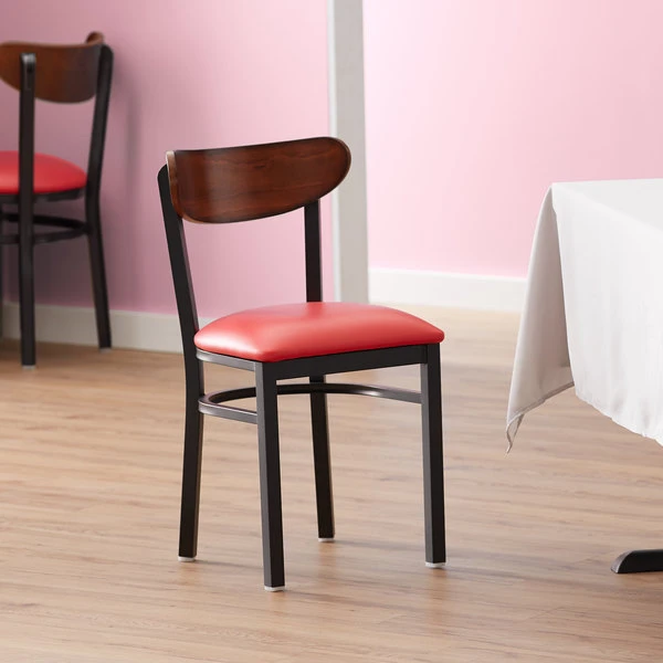 LT&S Boomerang Series Lancaster Table & Seating Boomerang Black Finish Chair With 2 1/2" Red Vinyl Padded Seat And Antique Walnut Wood Back 1 LT&S Boomerang Series Lancaster Table & Seating Boomerang Black Finish Chair With 2 1/2" Red Vinyl Padded Seat And Antique Walnut Wood Back