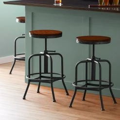 Lancaster Table & Seating Screw Top Adjustable Height Black Barstool With Antique Walnut Seat