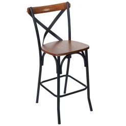 BFM Seating Henry Sand Black Steel X-Back Counter Height Stool With Autumn Ash Wooden Back And Seat