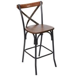 BFM Seating Henry Distressed Rustic Clear Coated Steel X-Back Counter Height Stool With Autumn Ash Wooden Back And Seat