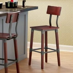 Lancaster Table & Seating Rustic Industrial Bar Height Chair With Mahogany Finish