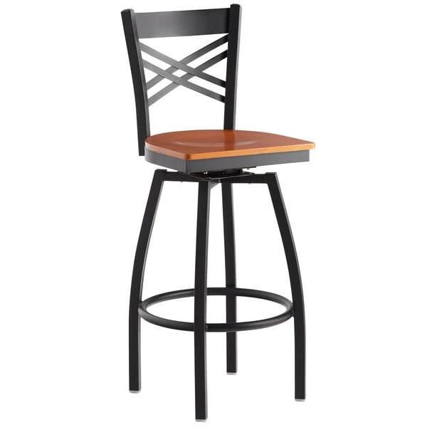 Lancaster Table & Seating Black Finish Cross Back Swivel Bar Stool With Cherry Wood Seat 2 Lancaster Table & Seating Black Finish Cross Back Swivel Bar Stool With Cherry Wood Seat - Image 2