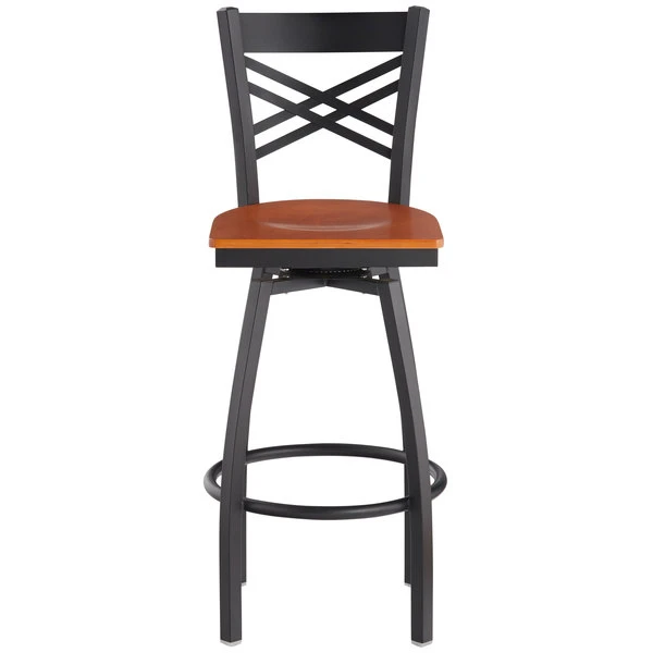 Lancaster Table & Seating Black Finish Cross Back Swivel Bar Stool With Cherry Wood Seat 4 Lancaster Table & Seating Black Finish Cross Back Swivel Bar Stool With Cherry Wood Seat - Image 4