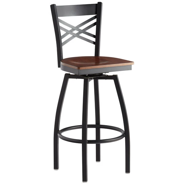 Lancaster Table & Seating Black Finish Cross Back Swivel Bar Stool With Antique Walnut Wood Seat 2 Lancaster Table & Seating Black Finish Cross Back Swivel Bar Stool With Antique Walnut Wood Seat - Image 2