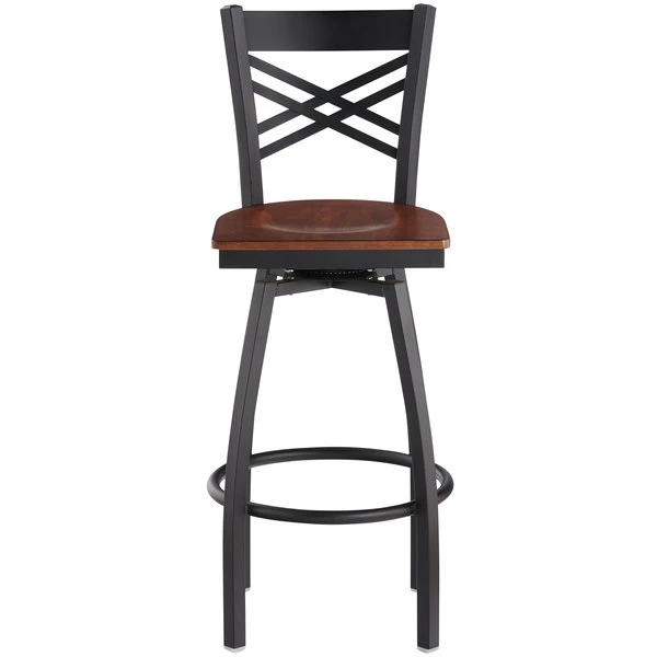 Lancaster Table & Seating Black Finish Cross Back Swivel Bar Stool With Antique Walnut Wood Seat 4 Lancaster Table & Seating Black Finish Cross Back Swivel Bar Stool With Antique Walnut Wood Seat - Image 4
