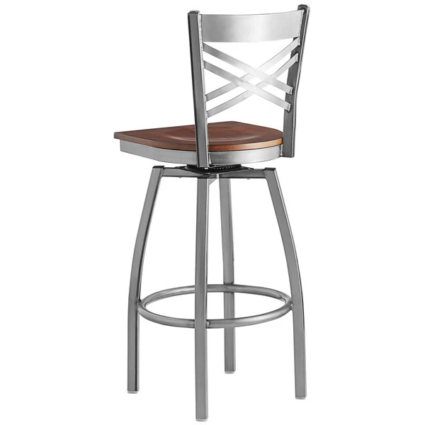 Lancaster Table & Seating Clear Coat Finish Cross Back Swivel Bar Stool With Antique Walnut Wood Seat 3 Lancaster Table & Seating Clear Coat Finish Cross Back Swivel Bar Stool With Antique Walnut Wood Seat - Image 3
