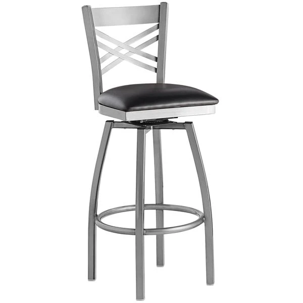 Lancaster Table & Seating Clear Coat Finish Cross Back Swivel Bar Stool With 2 1/2" Black Vinyl Padded Seat 2 Lancaster Table & Seating Clear Coat Finish Cross Back Swivel Bar Stool With 2 1/2" Black Vinyl Padded Seat - Image 2