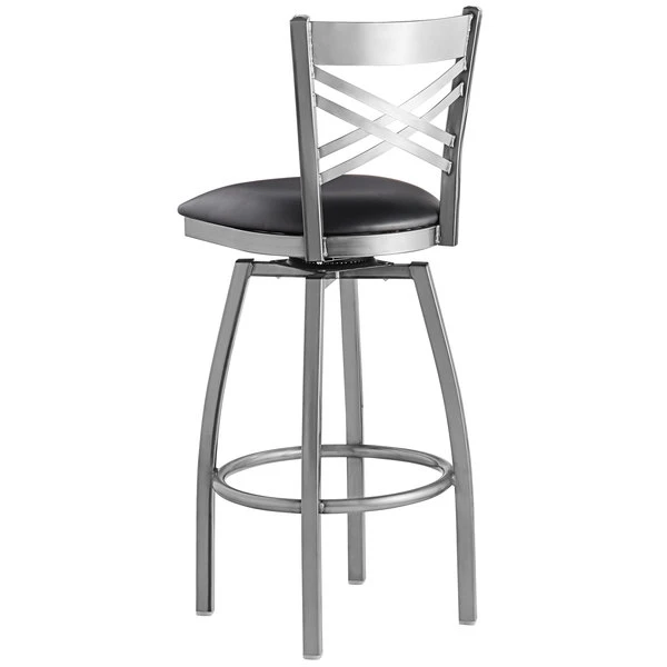 Lancaster Table & Seating Clear Coat Finish Cross Back Swivel Bar Stool With 2 1/2" Black Vinyl Padded Seat 3 Lancaster Table & Seating Clear Coat Finish Cross Back Swivel Bar Stool With 2 1/2" Black Vinyl Padded Seat - Image 3