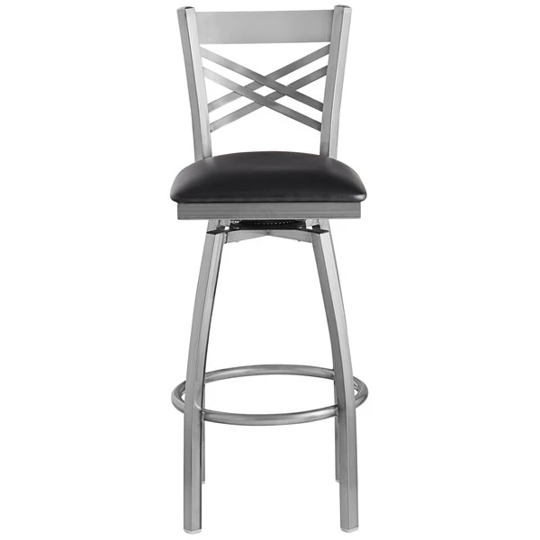 Lancaster Table & Seating Clear Coat Finish Cross Back Swivel Bar Stool With 2 1/2" Black Vinyl Padded Seat 4 Lancaster Table & Seating Clear Coat Finish Cross Back Swivel Bar Stool With 2 1/2" Black Vinyl Padded Seat - Image 4