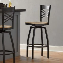 Lancaster Table & Seating Black Finish Cross Back Swivel Bar Stool With Driftwood Seat