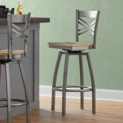 Lancaster Table & Seating Clear Coat Finish Cross Back Swivel Bar Stool With Driftwood Seat