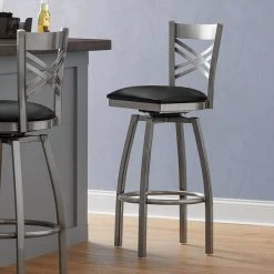 Lancaster Table & Seating Clear Coat Finish Cross Back Swivel Bar Stool With 2 1/2" Black Vinyl Padded Seat