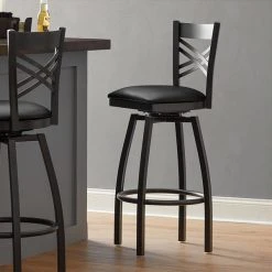 Lancaster Table & Seating Black Finish Cross Back Swivel Bar Stool With 2 1/2" Black Vinyl Padded Seat