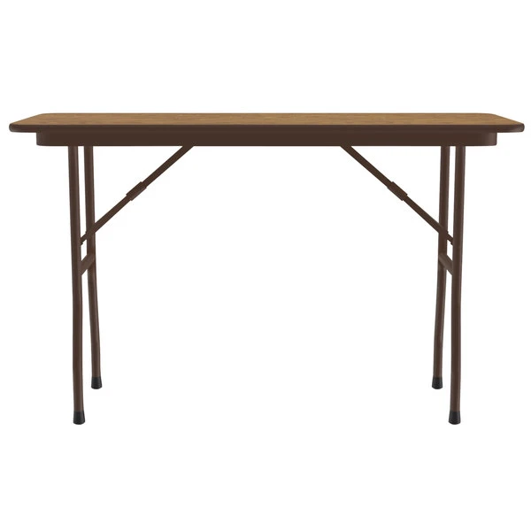 Correll 18" X 48" Medium Oak Light Duty Melamine Folding Table With Brown Frame 2 Correll 18" X 48" Medium Oak Light Duty Melamine Folding Table With Brown Frame - Image 2
