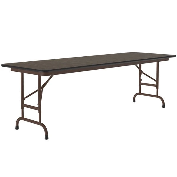 Correll 24" X 60" Walnut Light Duty Melamine Adjustable Height Folding Table With Brown Frame 1 Correll 24" X 60" Walnut Light Duty Melamine Adjustable Height Folding Table With Brown Frame